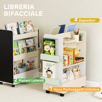 Libreria per Bambini 3-8 Anni  Scaffalea Due Lati Portagiochi con Ruote e Lavagna Nera in MDF Bianco