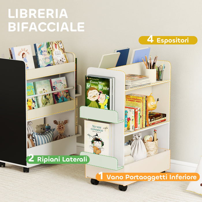 Libreria per Bambini 3-8 Anni  Scaffalea Due Lati Portagiochi con Ruote e Lavagna Nera in MDF Bianco