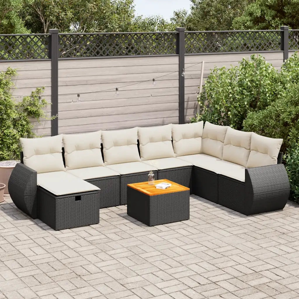 Set Divani da Giardino 9 pz con Cuscini Nero in Polyrattan