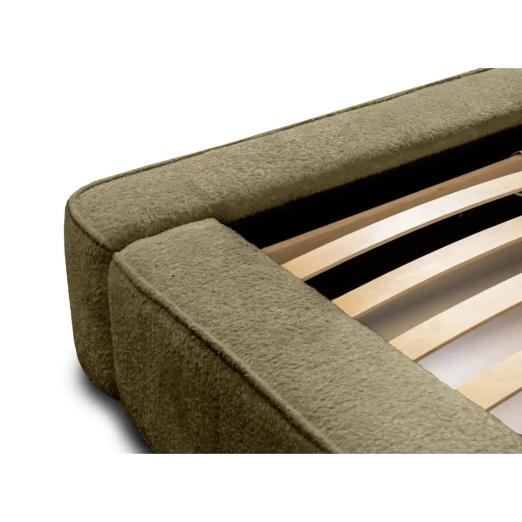 Letto contenitore VELORA – Olive bouclé – 180x200 cm – Tessuto velluto morbido – Rete sollevabile – Contenitore integrato