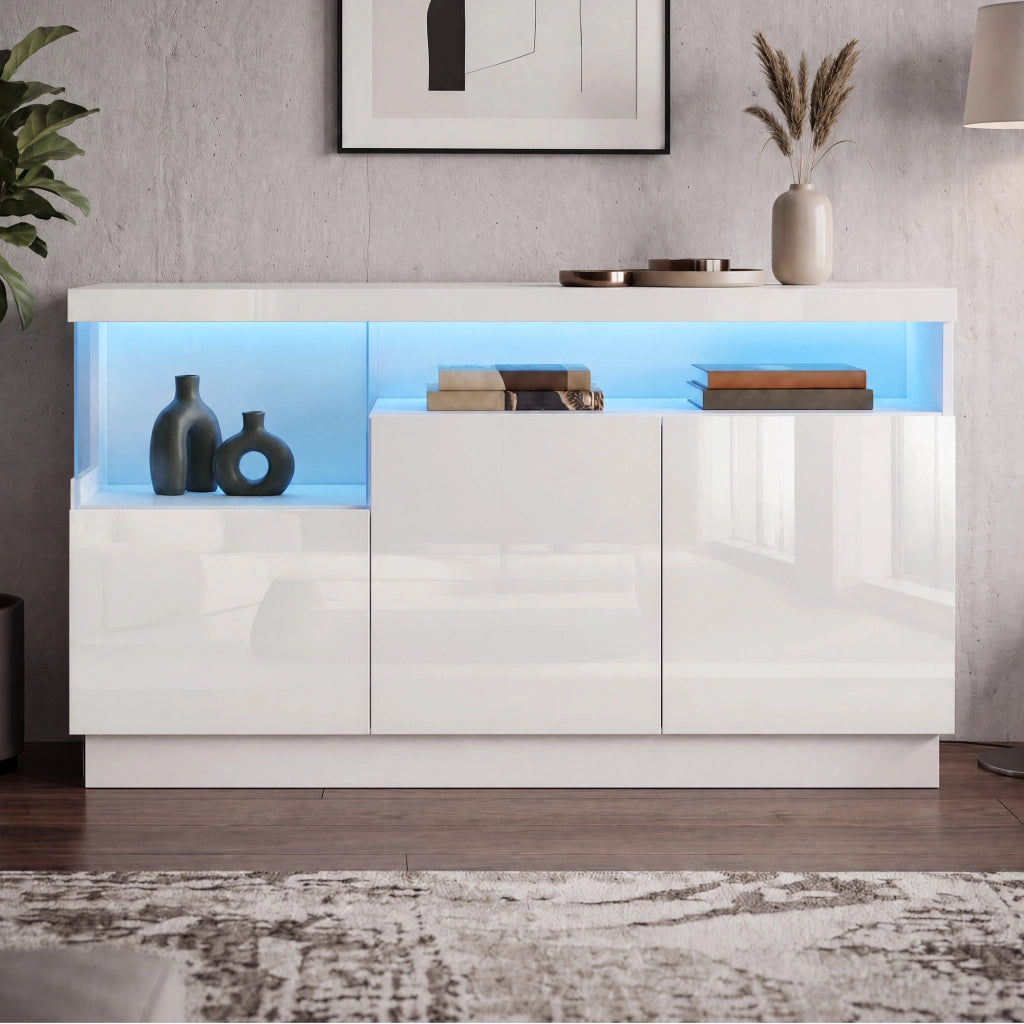 Credenza moderna con ante lucide, vano display in acrilico e LED controllati da app, bianca 140 × 36 × 80 cm