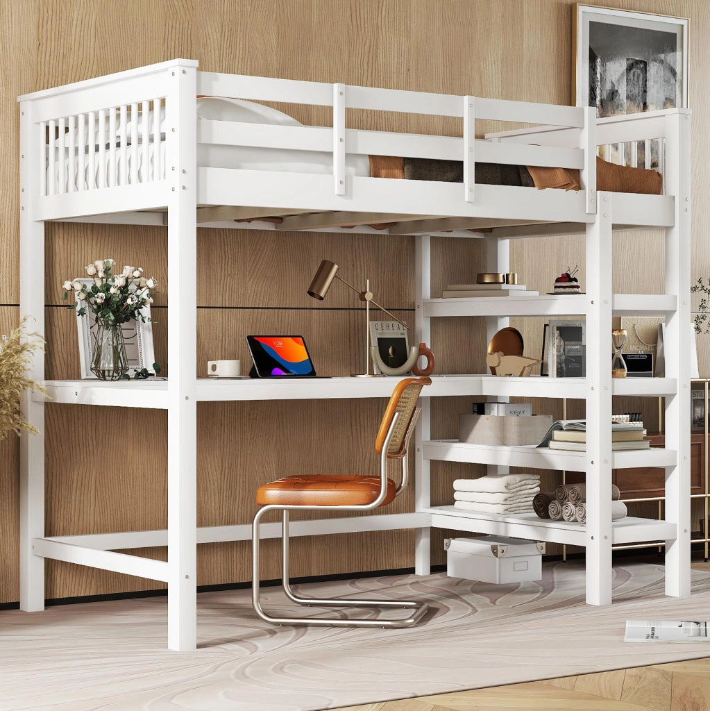 Hochbett 90x200 con scrivania e vani contenitivi, bianco