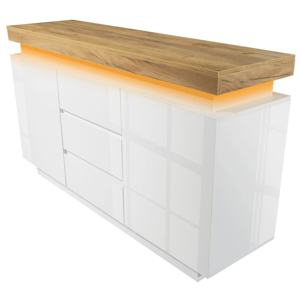 OKWISH Comò Credenza con 2 Ante e 3 Cassetti, LED e Ripiani Regolabili, per Soggiorno o Camera, Pannello di Particelle, 140 x 39 x 81 cm