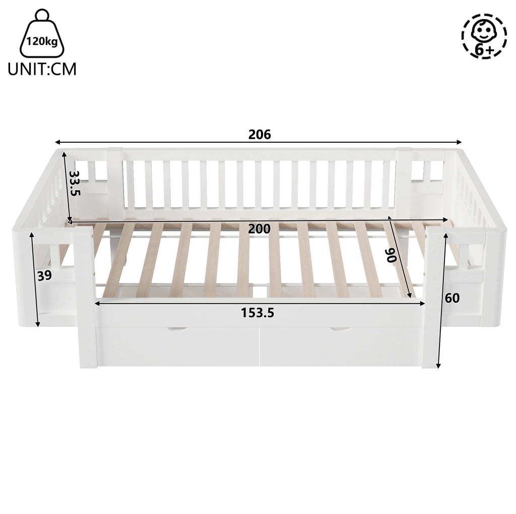 Letto per bambini 90x200 cm con sponde alte e 2 cassetti in MDF bianco