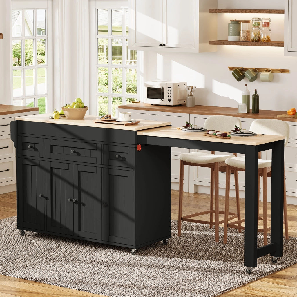 Mobile cucina con 3 cassetti; piano estraibile e ripiani regolabili per cucina in MDF nero naturale 137-190.6 × 45.2 × 92 cm