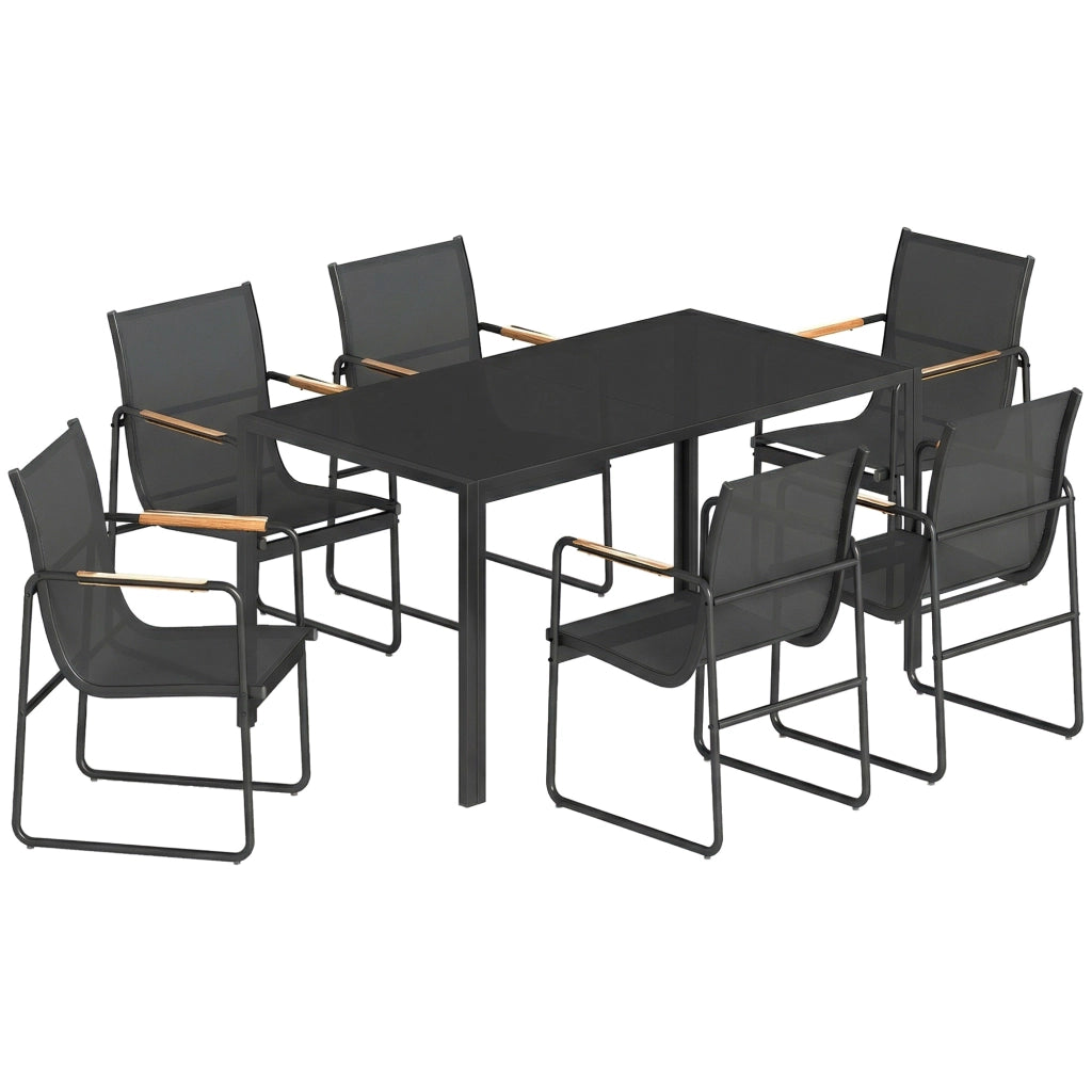 Set 7 Pezzi con Tavolo 150x80x73 cm e 6 Sedie da Giardino con Braccioli in Acciaio e Vetro Nero