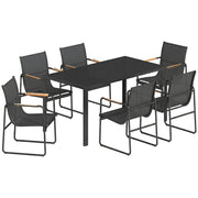 Set 7 Pezzi con Tavolo 150x80x73 cm e 6 Sedie da Giardino con Braccioli in Acciaio e Vetro Nero