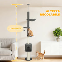 Albero per Gatti a Soffitto Alto 220-240 cm con Amaca Casetta Piattaforme a Fiore e Pali in Sisal Grigio