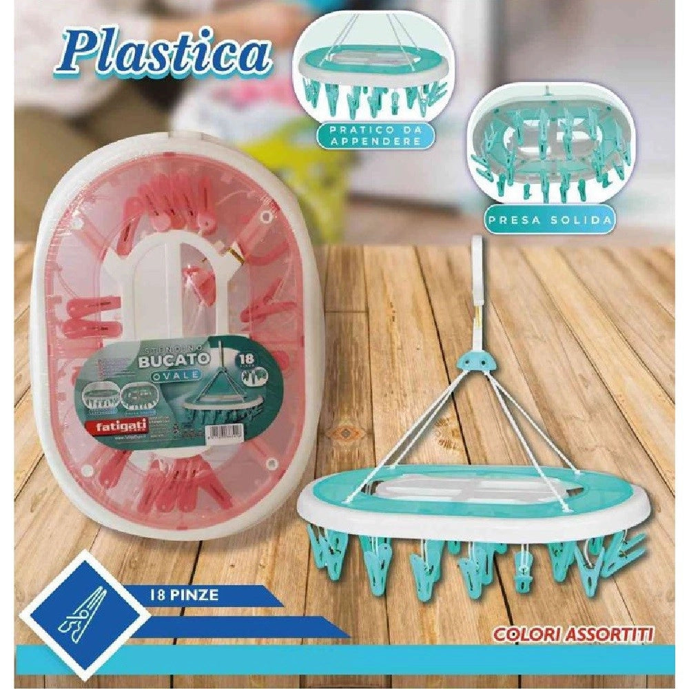 Trade Shop - Stendino Bucato In Plastica 18 Pinze Mollette Ovale Biancheria Asciugatura 38301 -