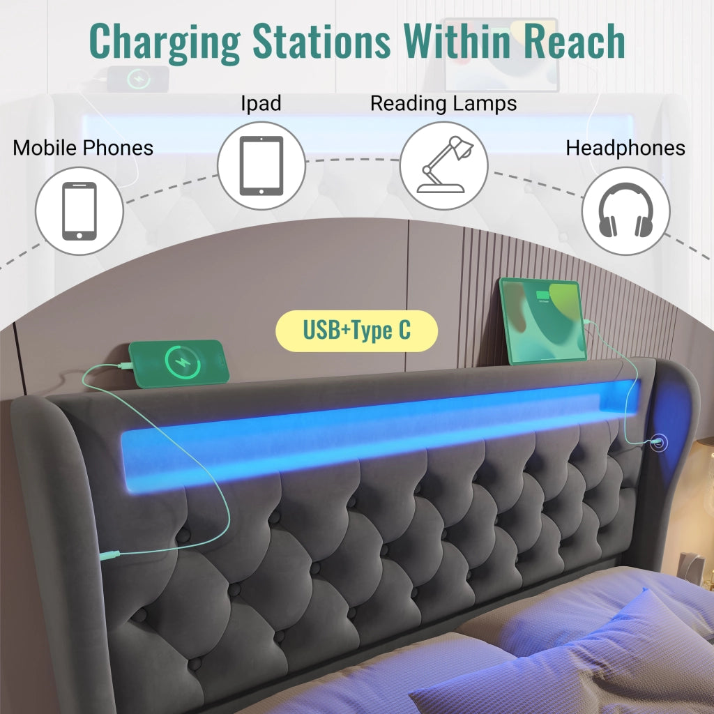 OKWISH Letto Contenitore 160×200 cm, Letto Matrimoniale con LED Regolabile, USB, Tipo C e Testiera Contenitore, con Materasso, in Velluto, Grigio