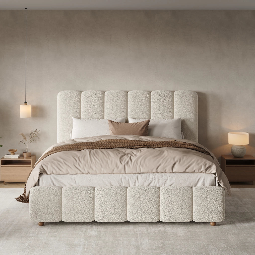 Letto imbottito con contenitore idraulico e testiera, 140x190 cm, bouclé bianco
