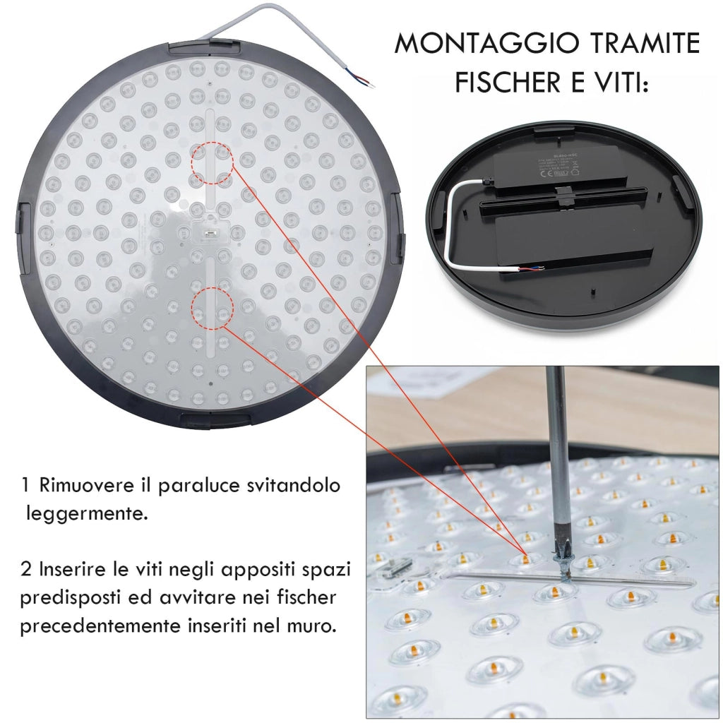 Plafoniera Tonda LED 32W CCT 3 Temperature IP40 Lampada Nera Circolare Moderna Luce Soffitto Parete Bagno Ufficio 40cm