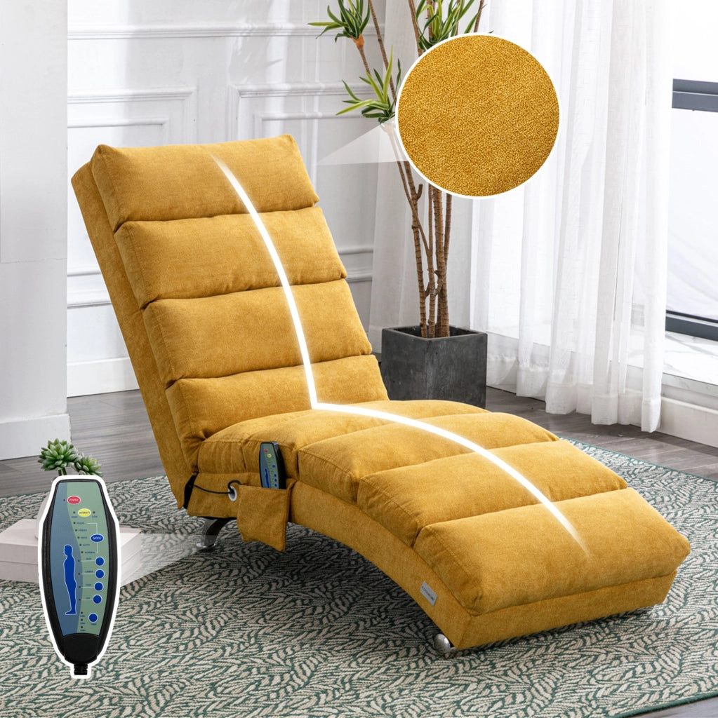 Chaise longue relax con vibrazione; schienale ergonomico 140°; 55x148x84 cm; lino giallo senape