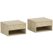 SET DI 2 COMODINI SOSPESI MODERNI CON CASSETTO E VANO APERTO, 37X32X21 CM, LEGNO NATURALE