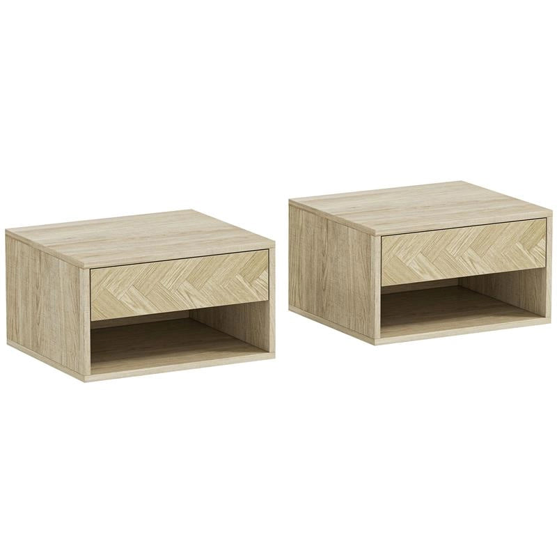 SET DI 2 COMODINI SOSPESI MODERNI CON CASSETTO E VANO APERTO, 37X32X21 CM, LEGNO NATURALE
