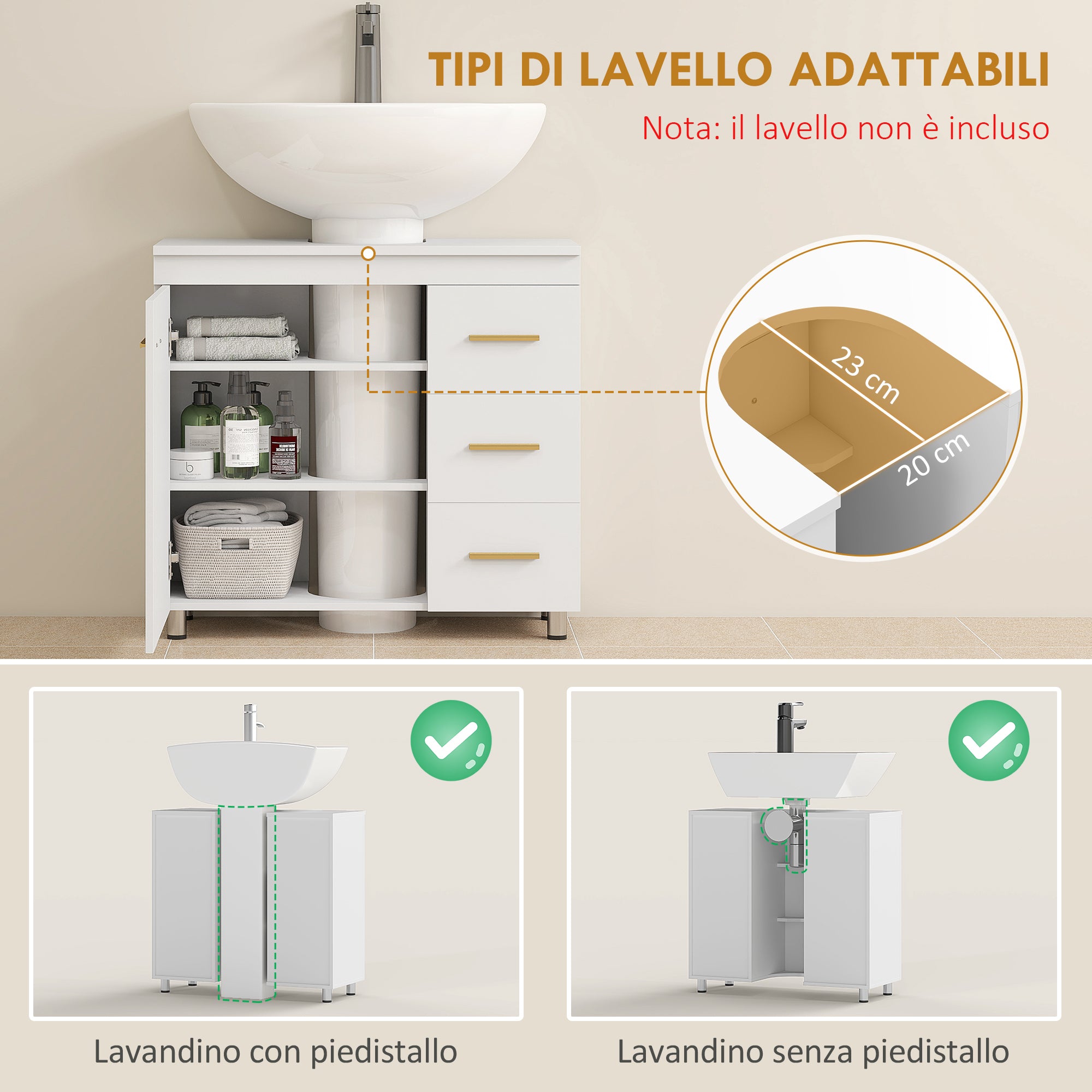 Mobile Sottolavabo con Intaglio a U 70x30x65 cm con Chiusura Ammortizzata in MDF Bianco