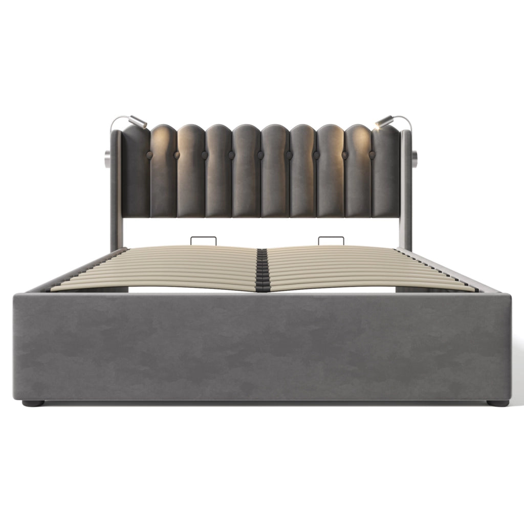 Letto matrimoniale 160x200 cm in velluto grigio con luce da lettura; USB e contenitore