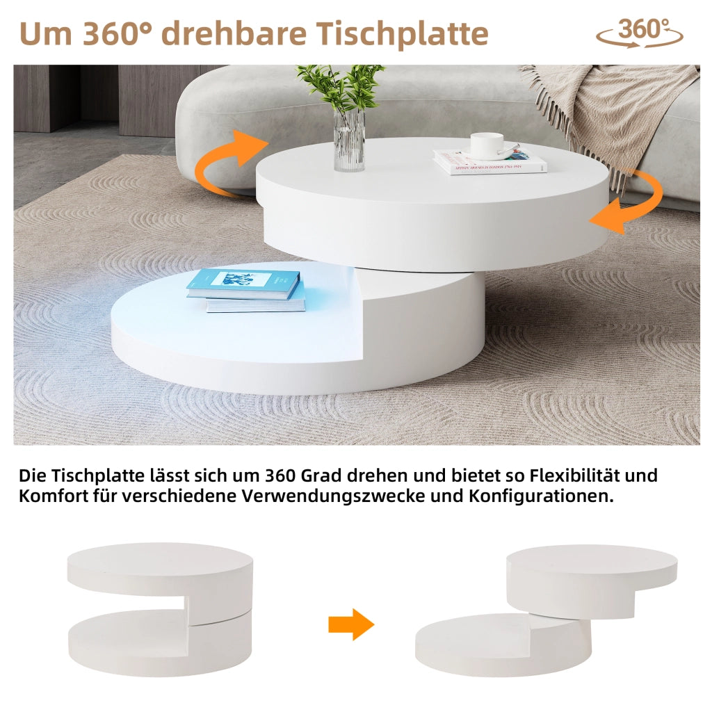 Tavolino basso cilindrico con piano girevole a 360°, LED e doppio ripiano in MDF bianco 70 × 70 × 35,5 cm