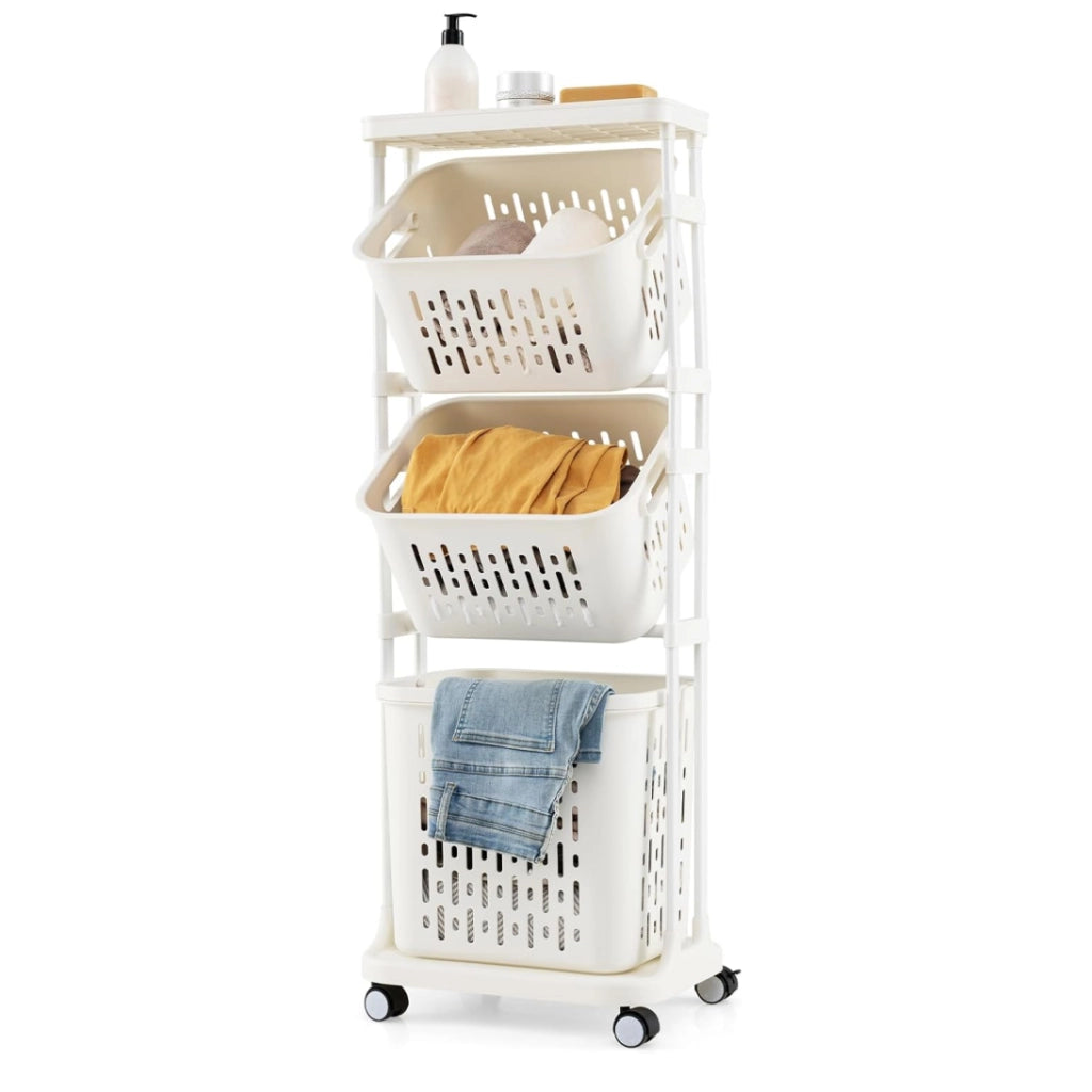 Carrello per lavanderia a 3 ripiani con 4 ruote girevoli 3 cestini-Carrello multiuso Organizzatore per separare il bucato per bagno Bianco