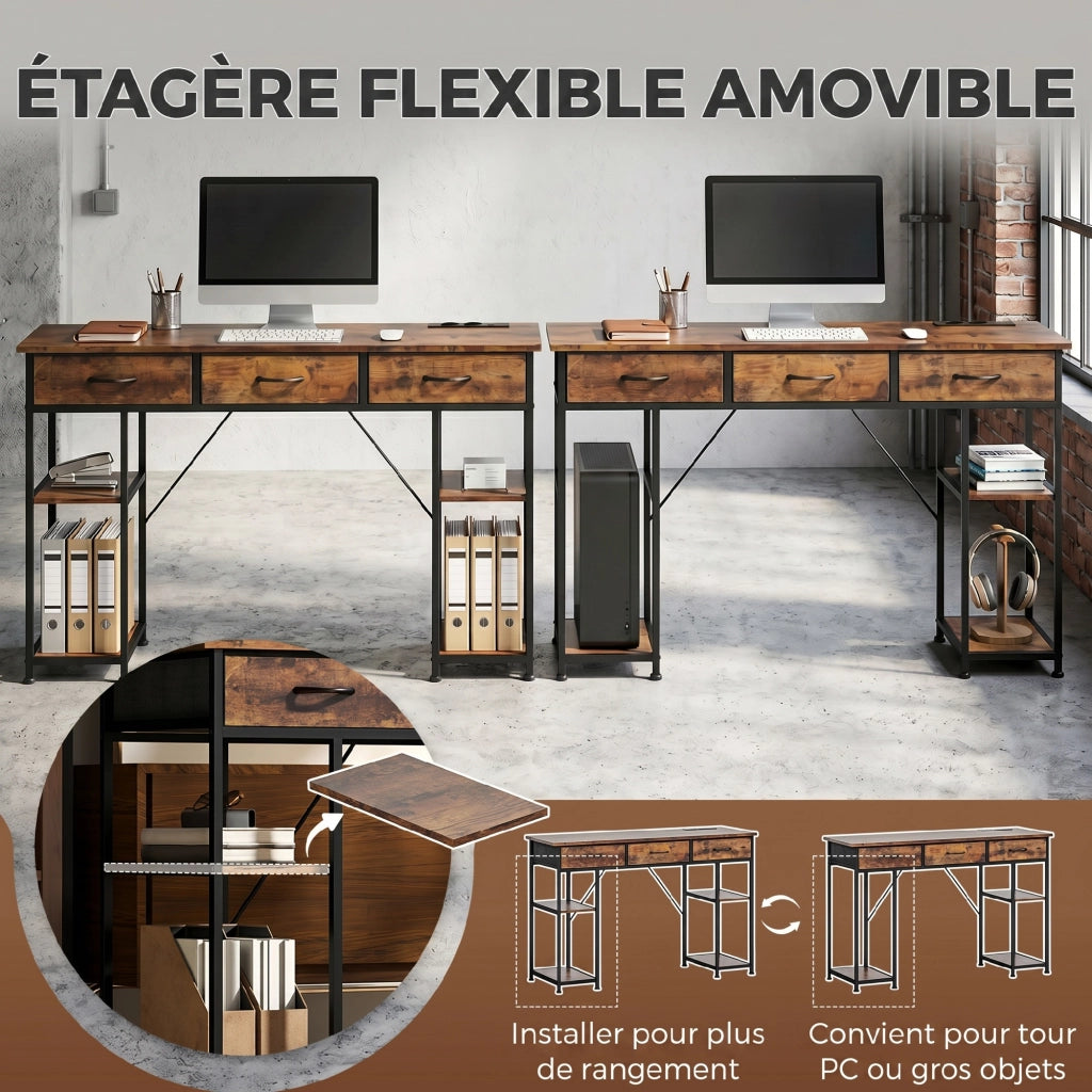 Scrivania per computer marrone con prese e porte USB, 3 cassetti in tessuto e 4 ripiani, 120 x 40 x 76 cm, per casa e ufficio