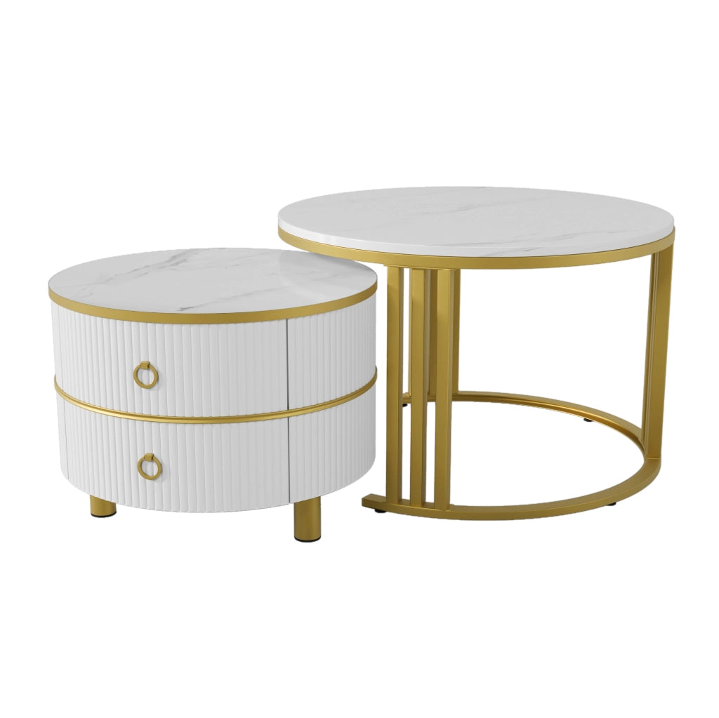 Set di tavolini da caffè rotondi 2 pezzi 70/46 e 50/40 cm in MDF bianco con effetto marmo