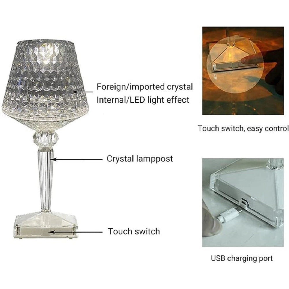 Trade Shop - Lampada Da Tavolo In Cristallo Senza Fili Usb Ricaricabile Touch A 3 Vie 28x12cm -