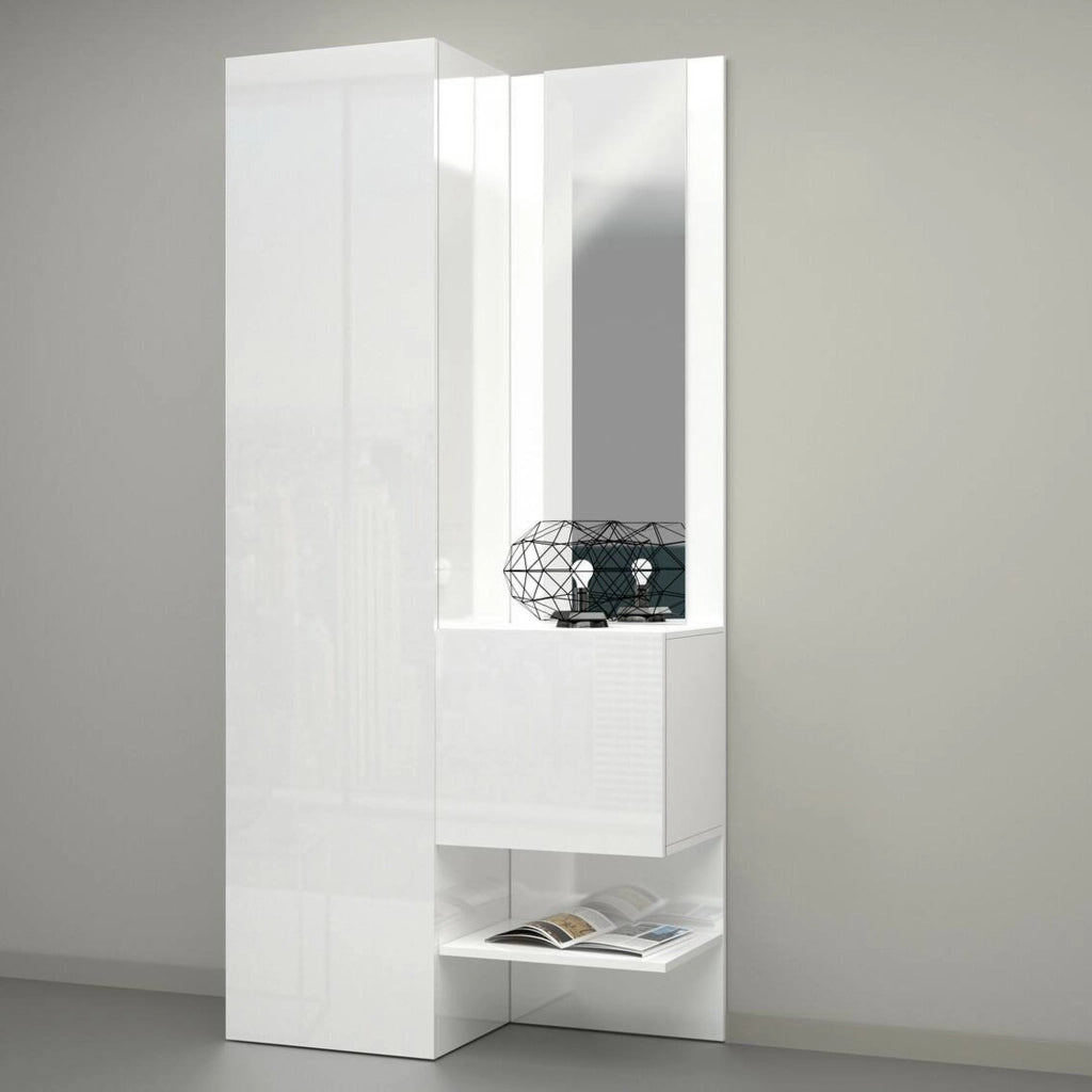 Mobile da ingresso Bauladu, Armadietto multifunzione a 2 ante, Mobile multiuso con specchio, 90x35h190 cm, Bianco