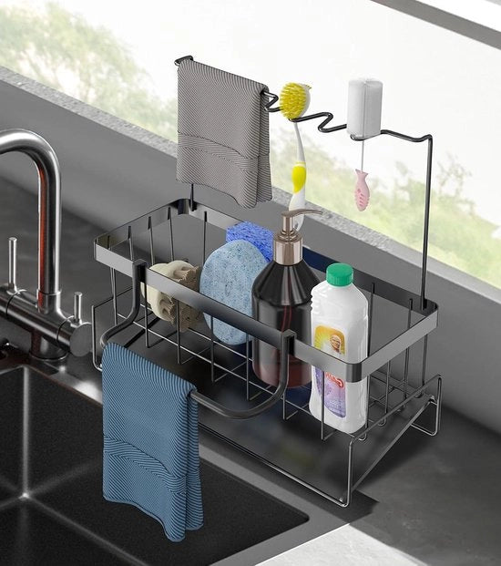 Organizzatore per gootsteen in acciaio inossidabile nero - organizzatore per la parete con supporto a spugna - organizzatore per la cucina con canale di scarico e contenitore per asciugamani da cucina