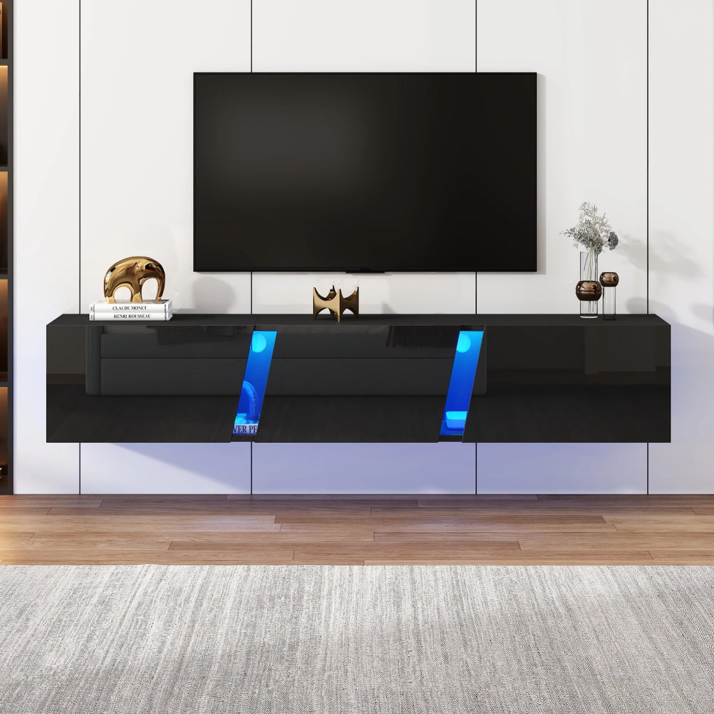 Mobile porta TV sospeso con LED e 3 ante, 5 vani contenitore, per soggiorno, in truciolare, nero, 180 × 35 × 30 cm