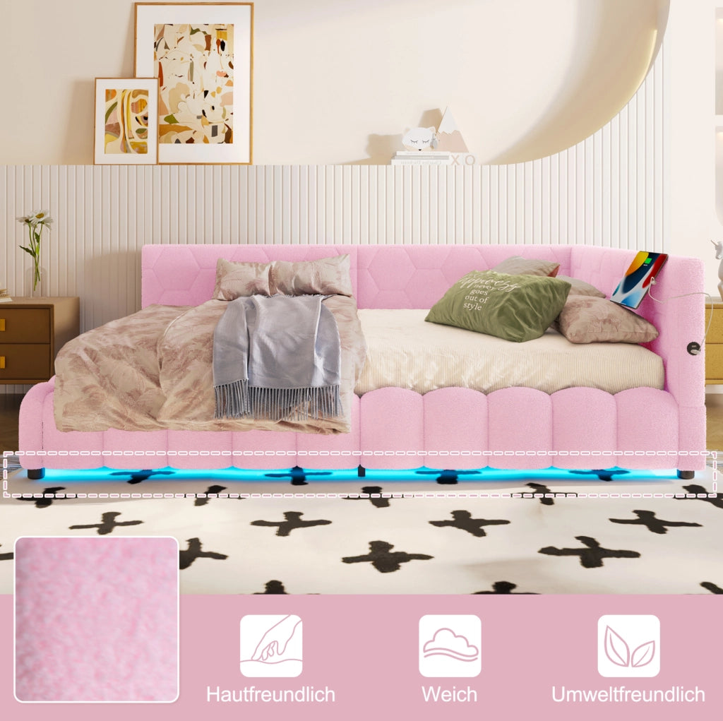 Letto da giorno 140x200 cm rosa con LED, USB e vano contenitore