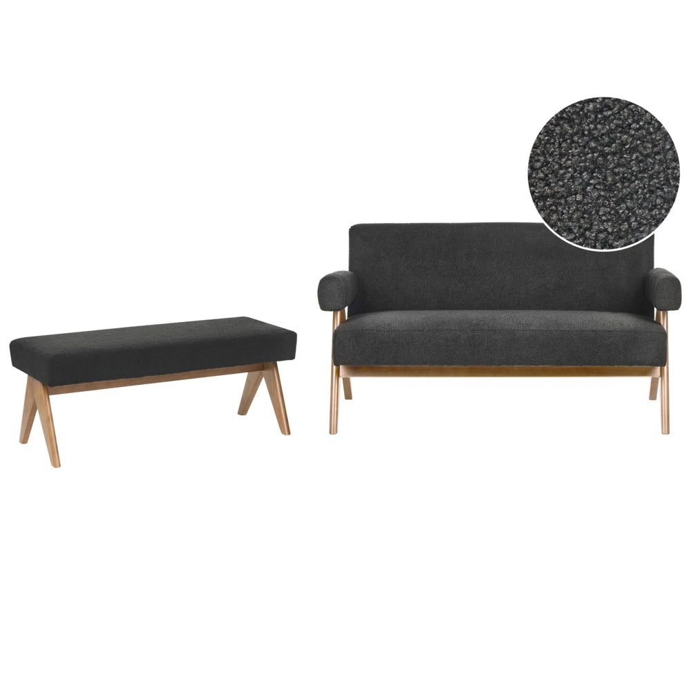 Set di divani Nero e marrone scuro Divano a 2 posti Panca Boucle Rivestimento Retro Design Gambe di legno Soggiorno