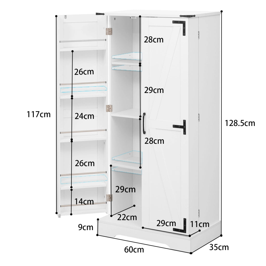 Credenza da cucina alta con 2 ante; ripiani regolabili e LED per cucina in MDF 60×35×128;5 cm Bianco
