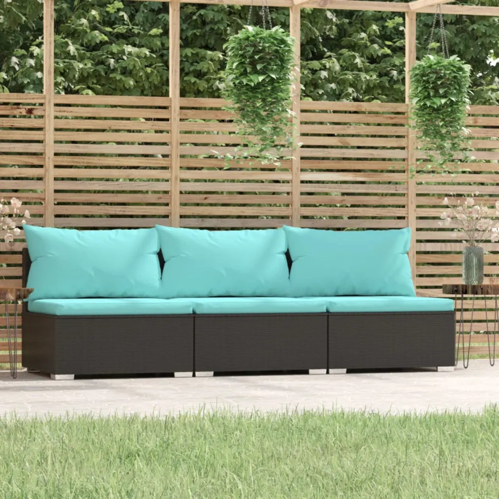 Divano a 3 Posti con Cuscini in Polyrattan Nero cod mxl 35117