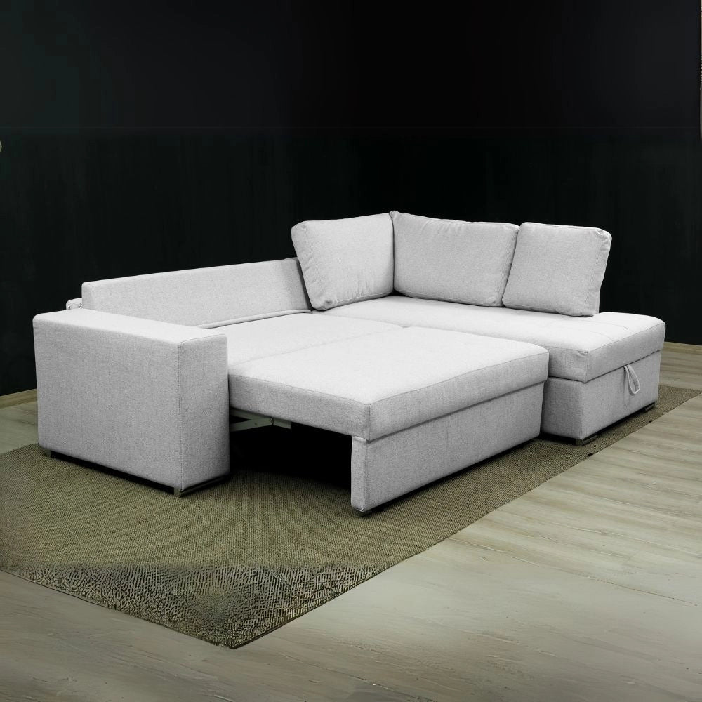 Divano letto angolare Bali con penisola contenitore in tessuto grigio chiaro 248x176x92H