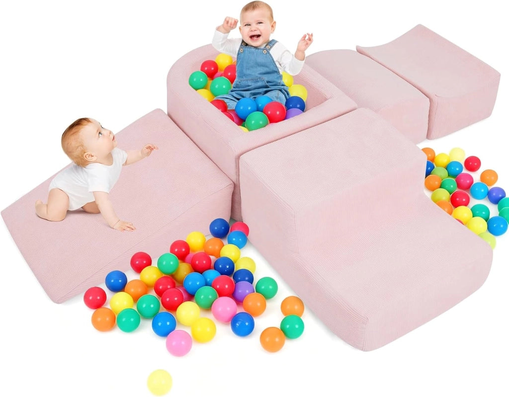 Blocchi da Arrampicata in Schiuma per Bambini, con Piscina di Palline, Set di 5 Pezzi per Arrampicata e Strisciamento, Set da Gioco da Interno per Bambini 3 Anni+ (Rosa,Sherpa)