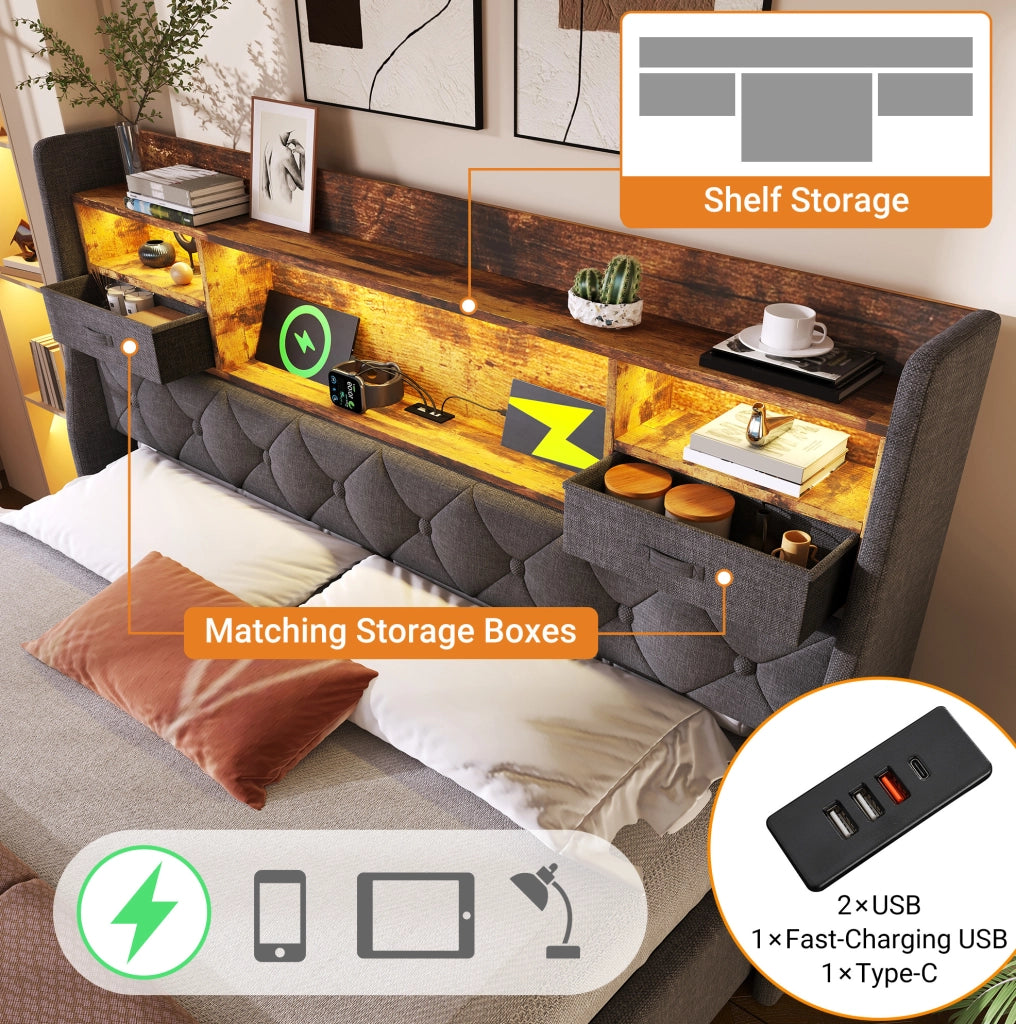 Letto matrimoniale 140x200 cm con contenitore; LED e USB; tessuto grigio