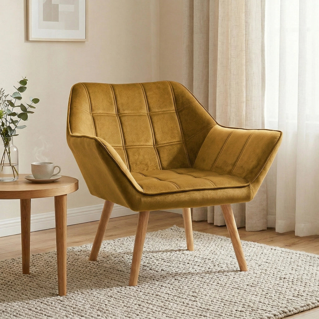 Poltrona in velluto giallo ¨C Xylo ¨C Design scandinavo con gambe in legno, capacit¨¤ 120 kg