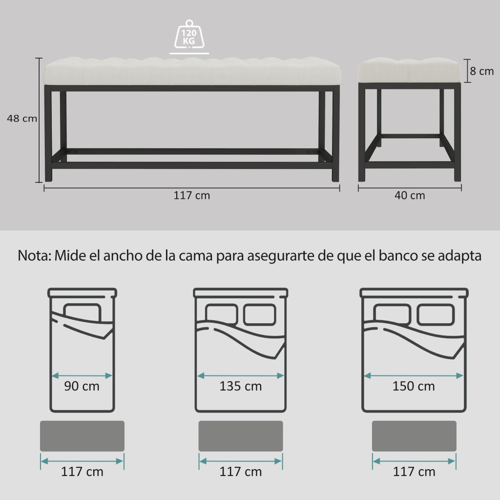 Piediera Imbottita in Velluto con Base in Metallo per Letto ¨C Zephmum ¨C Crema