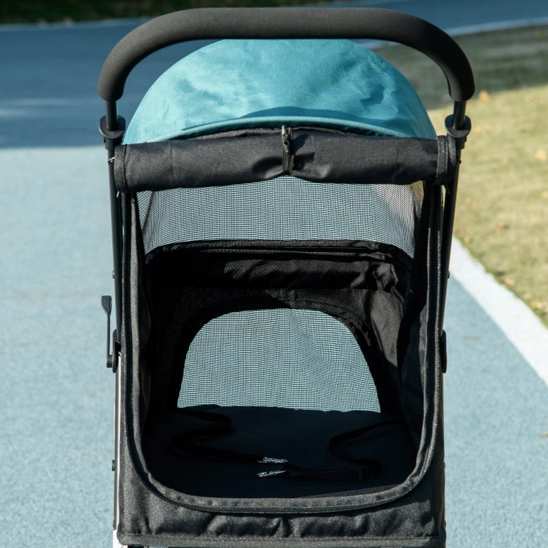 Carrello pieghevole per animali con 4 ruote, freni, sacca inferiore, copertura antipioggia, in poliestere nero e blu
