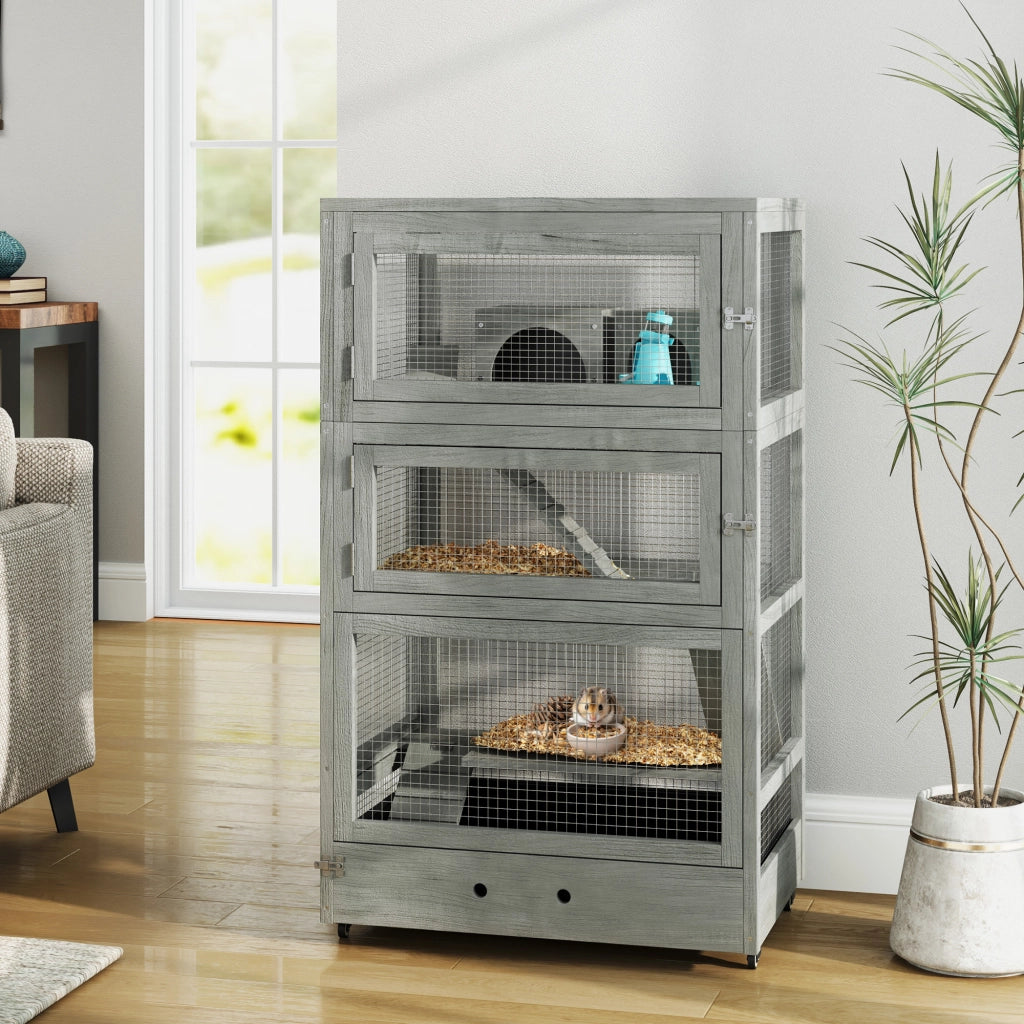 Scaffale per piccoli animali a quattro livelli con porte multiple, due casette, due altalene, rampe e ruote in legno grigio 65 × 45 × 109 cm