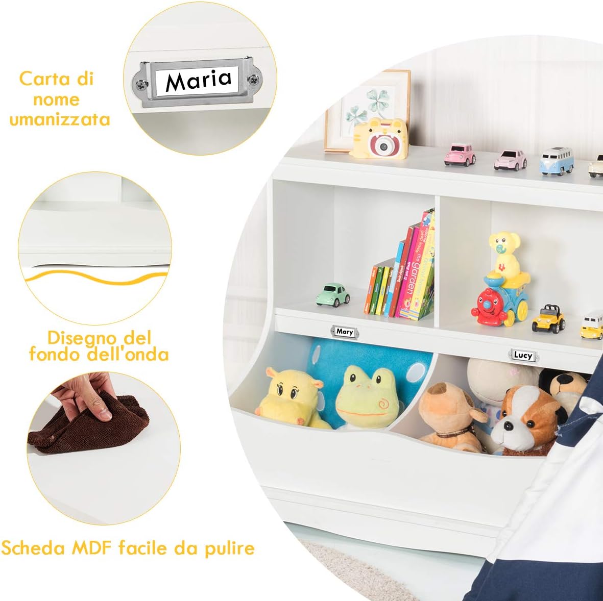 Scaffale Libreria Organizer Porta Giocattoli, con 2 Scomparti e 2 Contenitori, Libreria Multiuso con Pedana, per Camera dei Bambini, Bianco