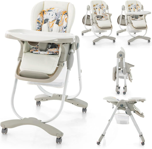 Seggiolone Pappa per Bambini e Neonati, Seggiolone Pieghevole Multifunzione con Ruote, Altezza Regolabile, Poggiapiedi e Schienale, Vassoio Rimovibile, per 6-36 Mesi (Bianco)