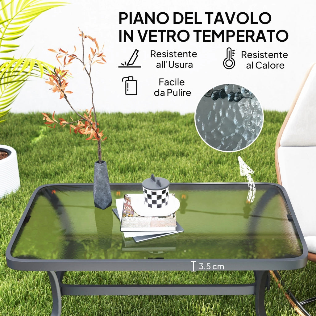 Tavolino da Esterno Rettangolare 95x55x46 cm Piano in Vetro in Metallo Nero