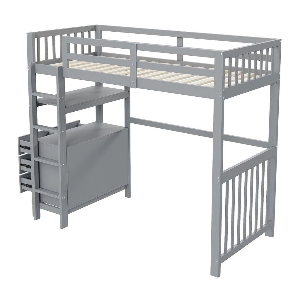 Letto a Soppalco Singolo ¨C MINIMAL ¨C Pino Grigio, Doghe, Cassetti, 90x200