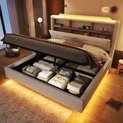 Letto imbottito 140x200 cm con contenitore idraulico; LED; USB e Type-C; beige in lino