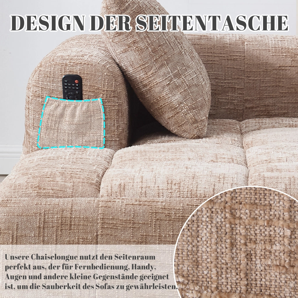 Méridienne con Cuscino e Tasche Laterali, Design Ergonomico in Ciniglia Cachi 158 × 90 × 60 cm