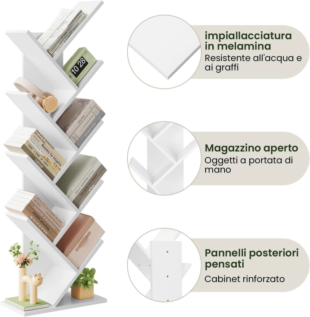 Libreria ad Albero Moderna Scaffale Salvaspazio a 9 Ripiani in Legno Porta Libri per Soggiorno Camera Studio Bianco, 40x20x127cm