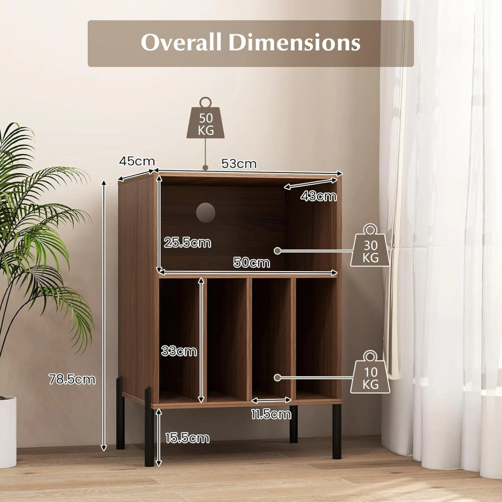 Supporto per Giradischi in Vinil con Stazione di Ricarica, Porta Dischi Vinile Vintege con 5 Scomparti Aperti, Espositore per Dischi Fino a 145 Album per Soggiorno, 53x45x78,5cm (Noce)