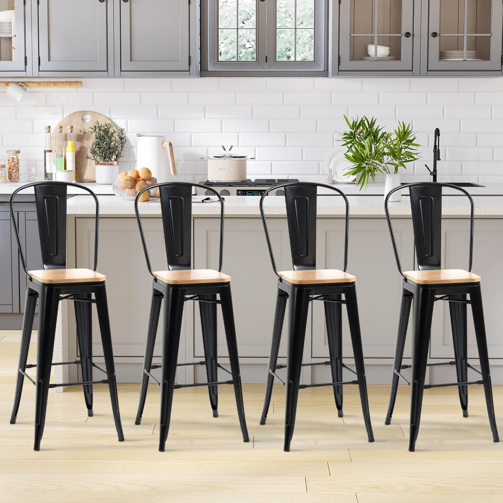 Set di 4 sgabelli da bar con schienale e poggiapiedi ¨C zephmum ¨C metallo nero e multistrato chiaro 76 cm