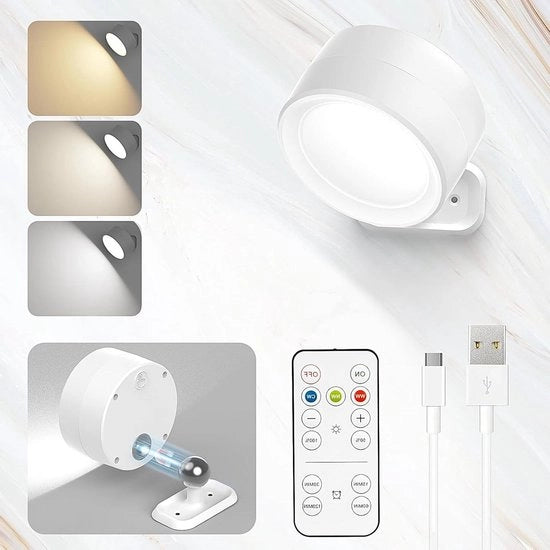 Lampada da parete LED rotativa 360° - controllo touch wireless - 9 livelli di illuminazione - 3 modalità di colore - bianca